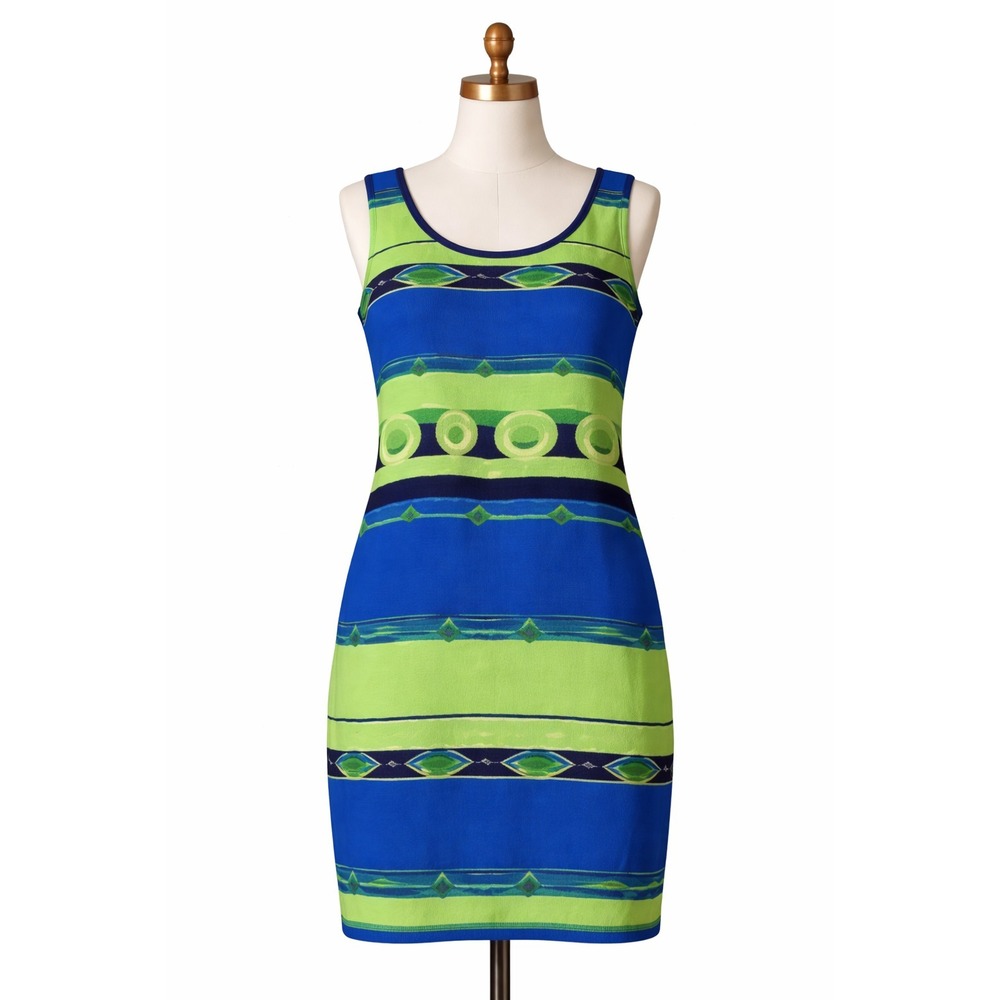 VTG 90s Jessica Howard Vibrant Artsy Dress Womens 6 Blue Green Sleeveless Summer
